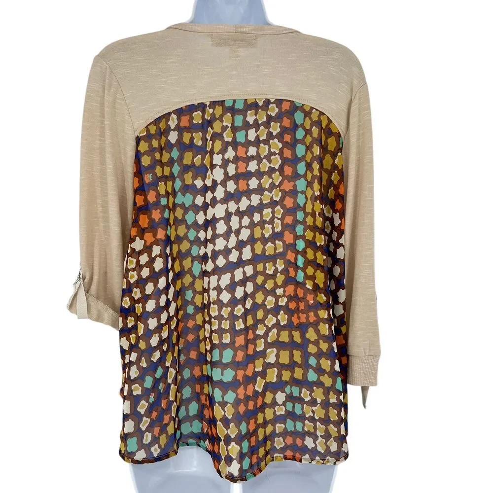 Democracy Beige Knit Chiffon Print Back Button Front Roll Tab Cardigan SZ‎ S